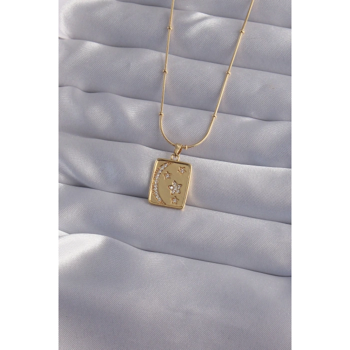 316L Çelik Zincir Gold Renk Zirkon Taşlı Ay Yıldız Figürlü Tarot Kolye