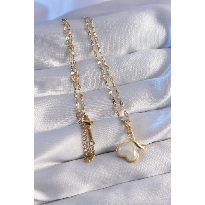 316L Çelik Zincir Gold Renk Zirkon Taşlı Mineli Kalp Kolye - Lisinya