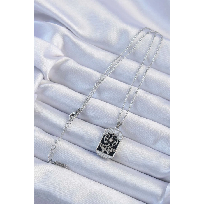 316L Çelik Zincir Gümüş Renk İşlemeli Siyah Mineli Tarot Kolye