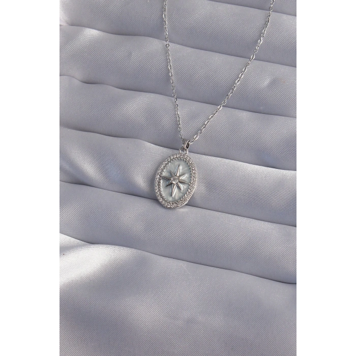 316L Çelik Zincir Gümüş Renk Zirkon Taşlı Kabartmalı Kutup Yıldızı Kolye