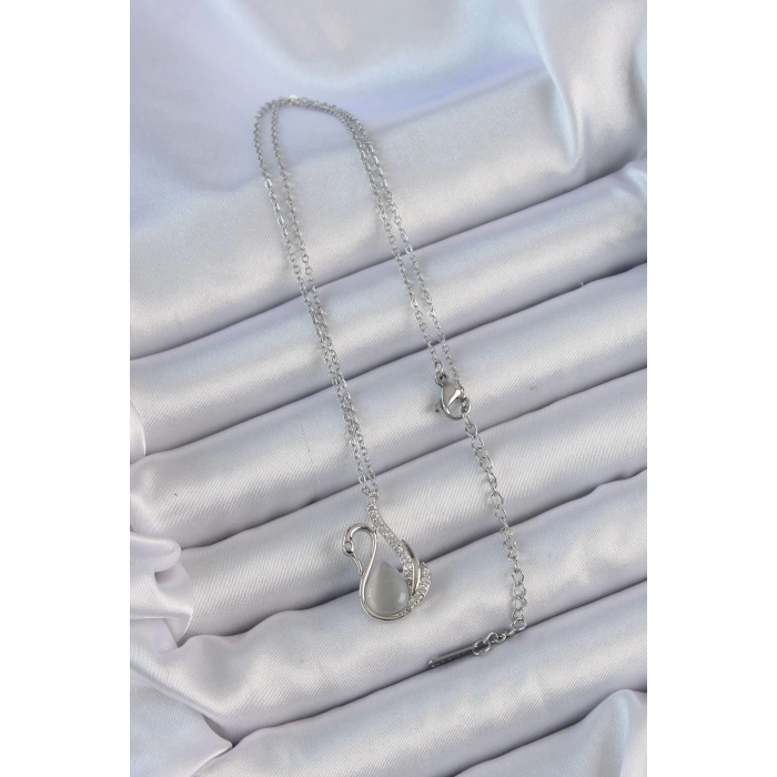 316L Çelik Zincir Gümüş Renk Zirkon Taşlı Sedefli Kuğu Kolye