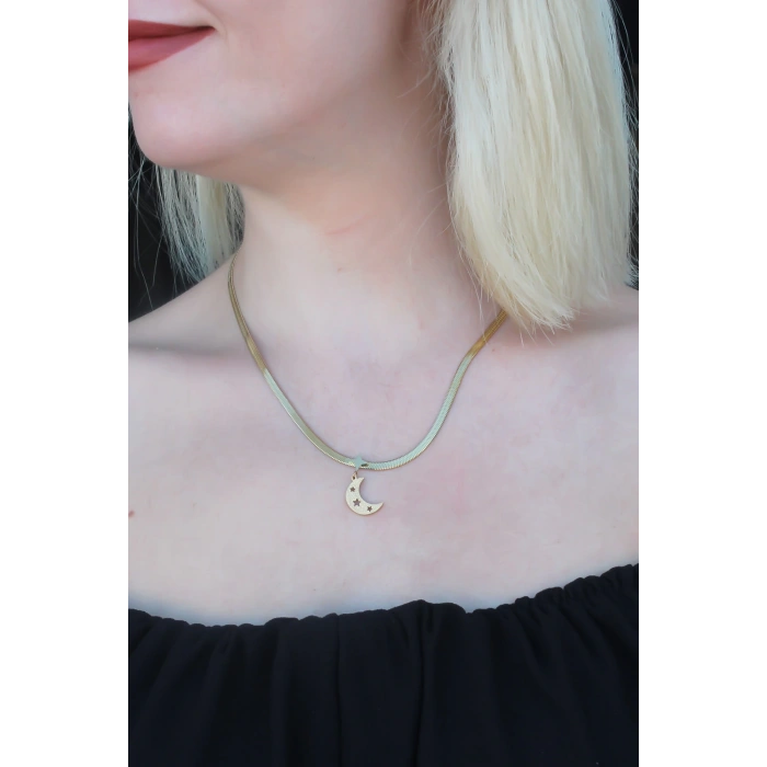 316L Kararmaz Çelik Gold Renk İtalyan Zincirli Hilal Model Kadın Kolye