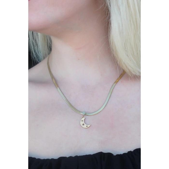 316L Kararmaz Çelik Gold Renk İtalyan Zincirli Hilal Model Kadın Kolye - Lisinya