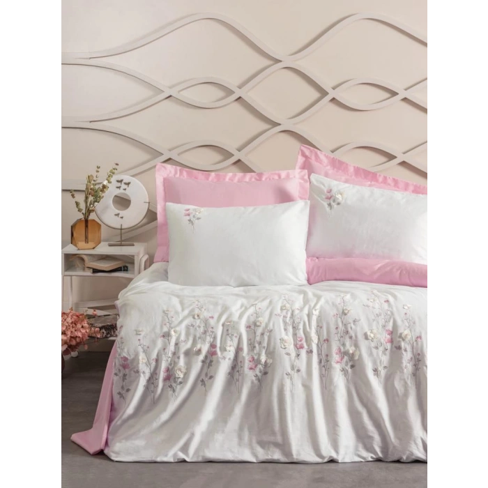 3D Nakışlı Çift Kişilik Saten Nev Takımı Jolie Pembe