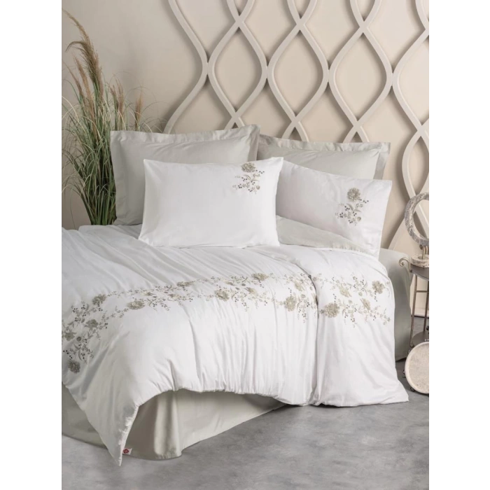 3D Nakışlı Çift Kişilik Saten Nev Takımı Urian Bej