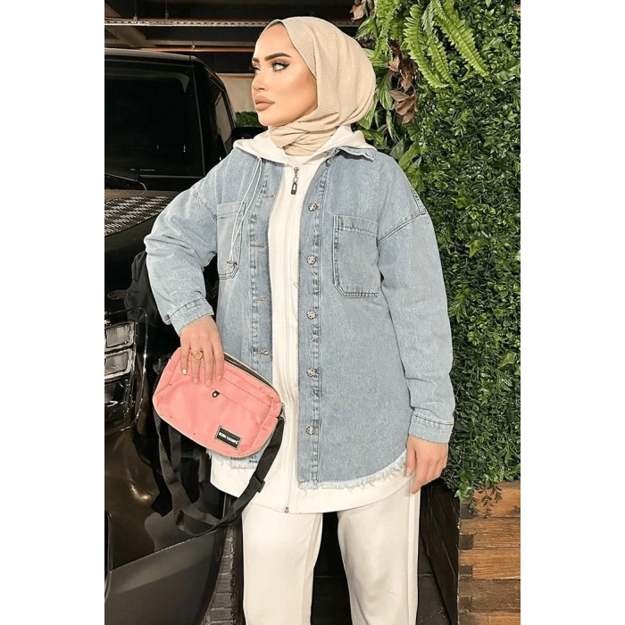 Açık Buz Mavi Kar Yıkama Püskül Detay Kot Ceket Oversize ( Lisinya )