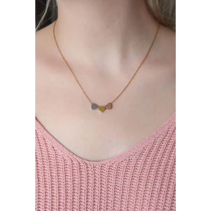 Çelik 3 Renkli Minimal 3lü Kalp Kolye