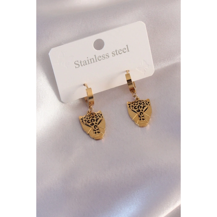 Çelik Gold Renk Leopar Figür Kadın Küpe