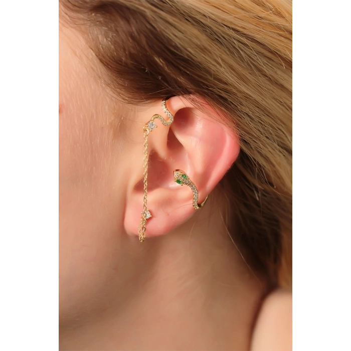 Çelik Gold Renk Taşlı Yılan Model Küpe