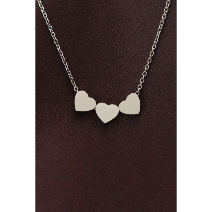 Çelik Gümüş Renk Minimal 3lü Kalp Kolye
