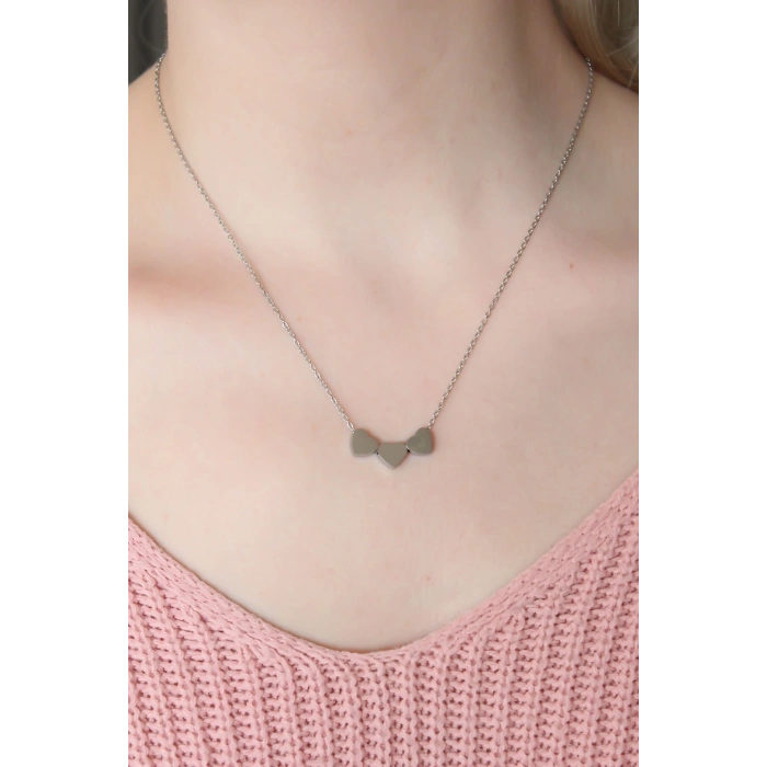 Çelik Gümüş Renk Minimal 3lü Kalp Kolye
