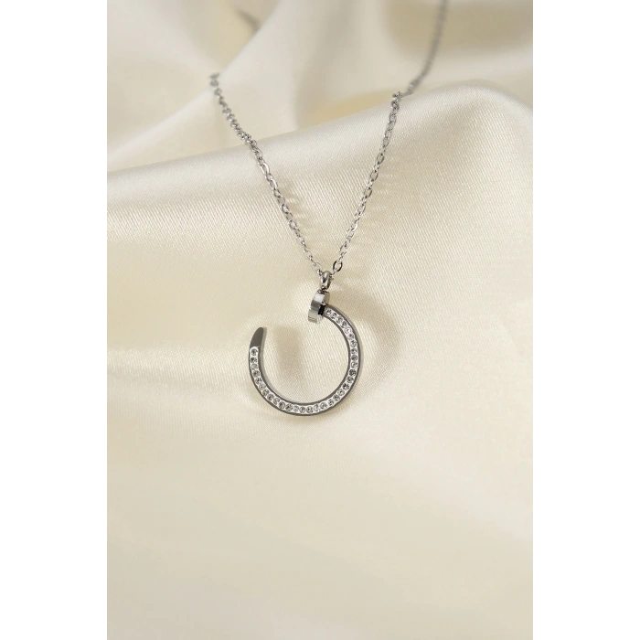 Çelik Silver Renk Zirkon Taşlı Çivi Model Kadın Kolye - Lisinya