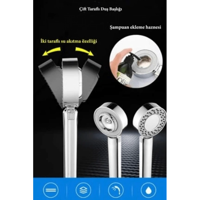 Çift Taraflı Yüksek Basınçlı Su Akıtan Şampuan Hazneli Tasarruflu Duş Başlığı ( Lisinya )