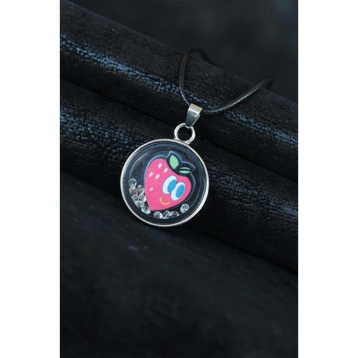 Çilek Figürlü Siyah Deri İpli Bayan Kolye - Lisinya