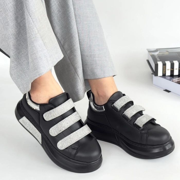 Elika Siyah Cilt Simli Cırt Cırtlı Spor Ayakkabı - Lisinya