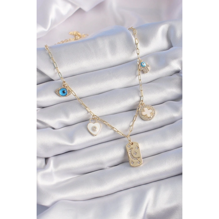 Gold Renk Zirkon Taşlı Çoklu Figür Model Şans Kolyesi - Lisinya