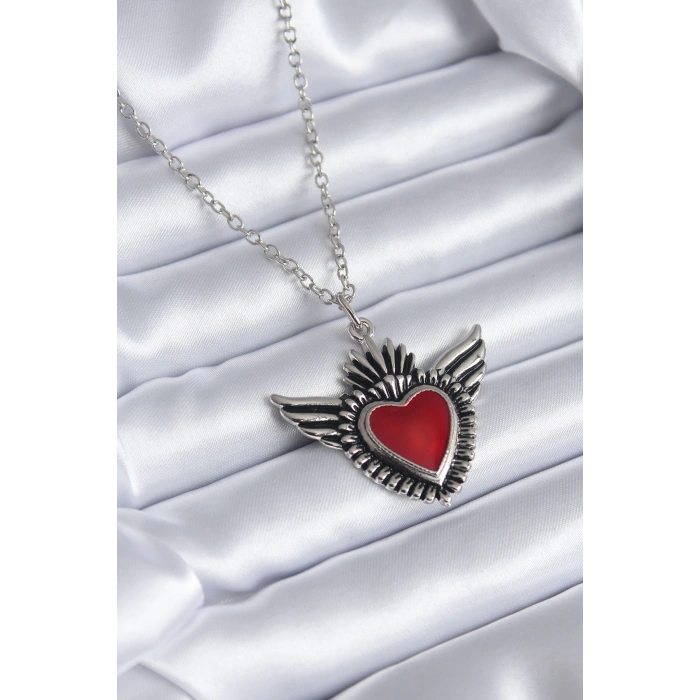 Gümüş Renk Kanatlı Kırmızı Kalp Model Kadın Kolye - Lisinya