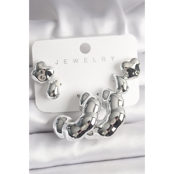 Gümüş Renk Yonca Damla Halka Model CCB Plastik Kadın Küpe Seti - Lisinya