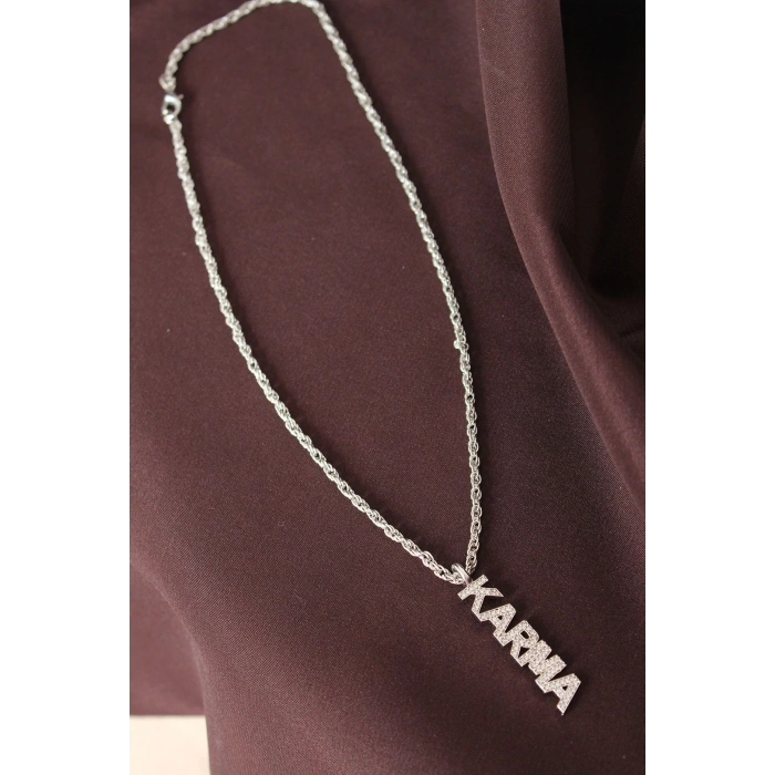 Gümüş Renkli Zirkon Taşlı Karma Yazılı Kolye