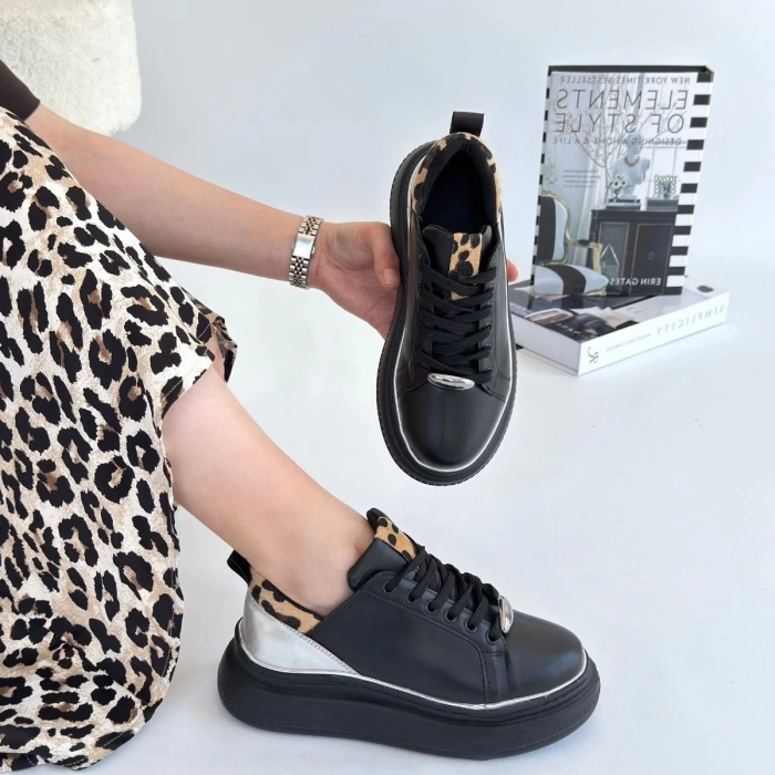 Jista Siyah Cilt Gümüş Detaylı Bağcıklı Spor Ayakkabı