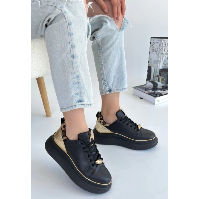 Jista Siyah Cilt Sarı Detaylı Bağcıklı Spor Ayakkabı