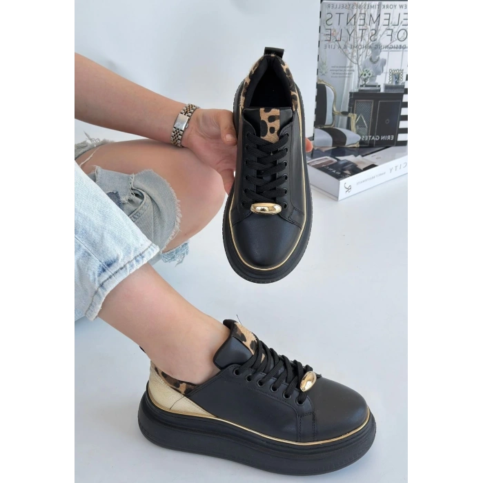 Jista Siyah Cilt Sarı Detaylı Bağcıklı Spor Ayakkabı - Lisinya