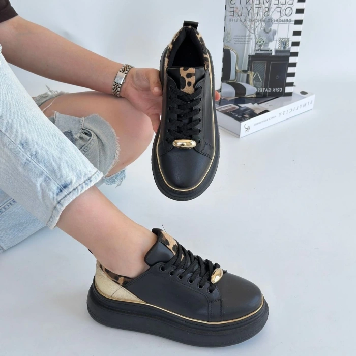 Jista Siyah Cilt Sarı Detaylı Bağcıklı Spor Ayakkabı - Lisinya