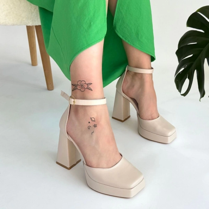 Kawer Bej Cilt Topuklu Ayakkabı - Lisinya