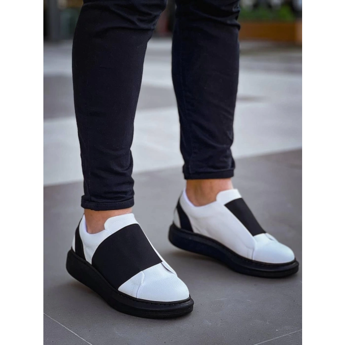 KB-040  Kuback Beyaz Cilt Siyah Yüksek Taban Lastikli Günlük Erkek Ayakkabı