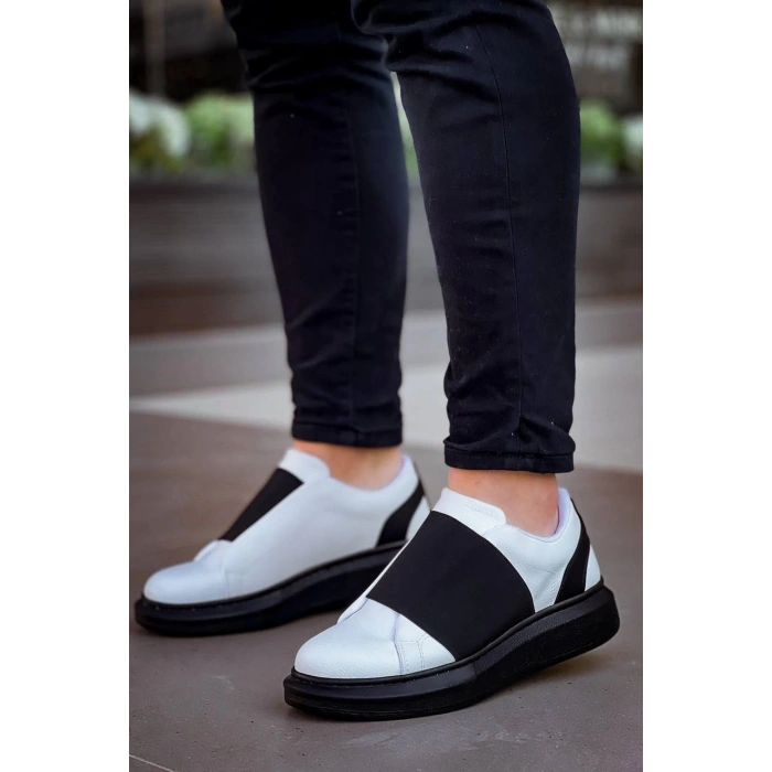 KB-040  Kuback Beyaz Cilt Siyah Yüksek Taban Lastikli Günlük Erkek Ayakkabı
