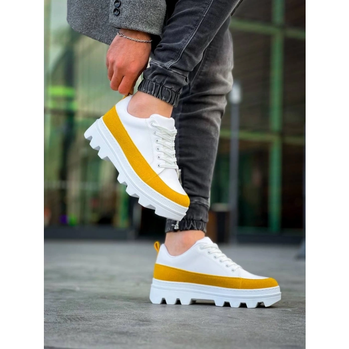 KB-056 Kuback Beyaz Sarı Detaylı Beyaz Yüksek Taban Günlük Spor Ayakkabı