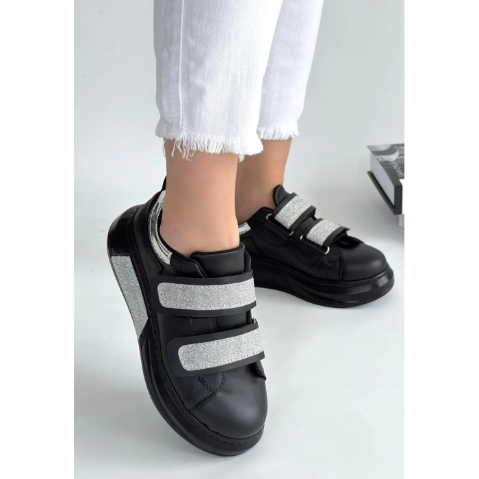 Nino Siyah Cilt Simli Cırt Cırtlı Spor Ayakkabı - Lisinya