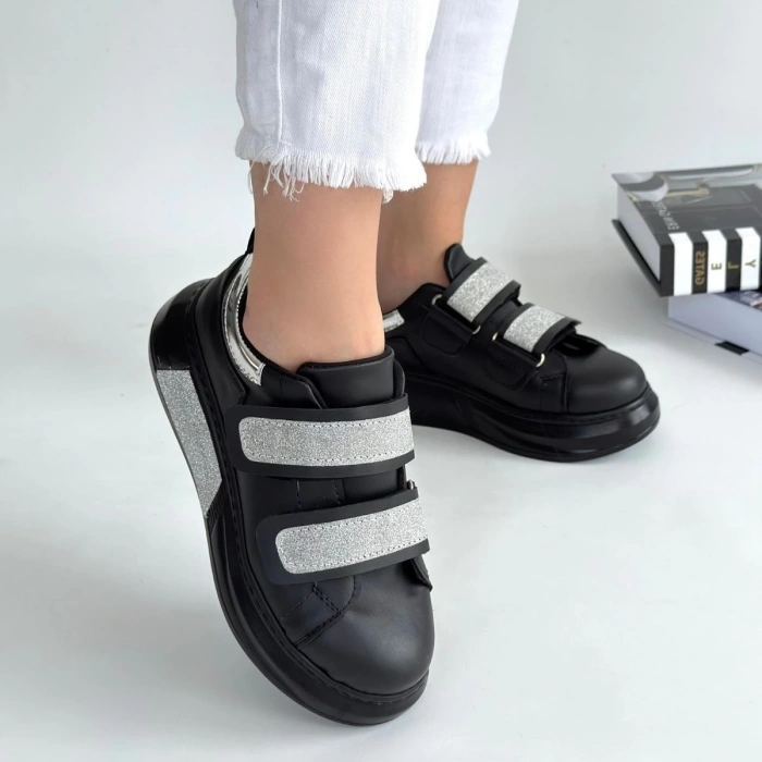 Nino Siyah Cilt Simli Cırt Cırtlı Spor Ayakkabı - Lisinya