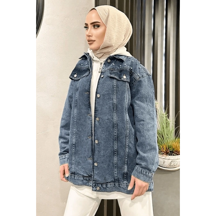 Omuz Taş Detay Koyu Mavi Kot Ceket Oversize ( Lisinya )