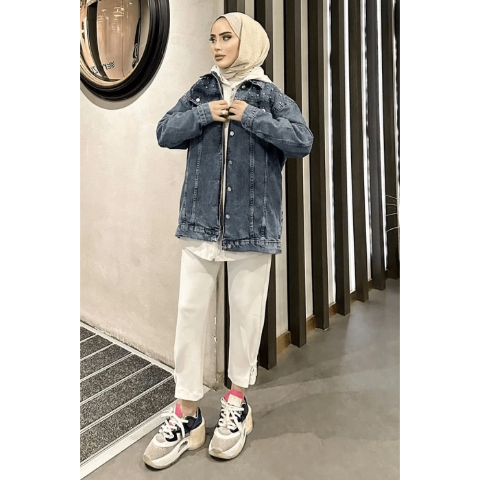 Omuz Taş Detay Koyu Mavi Kot Ceket Oversize ( Lisinya )