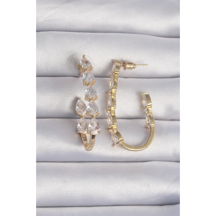 Pirinç Gold Renk Damla Zirkon Taş Tasarımlı Küpe