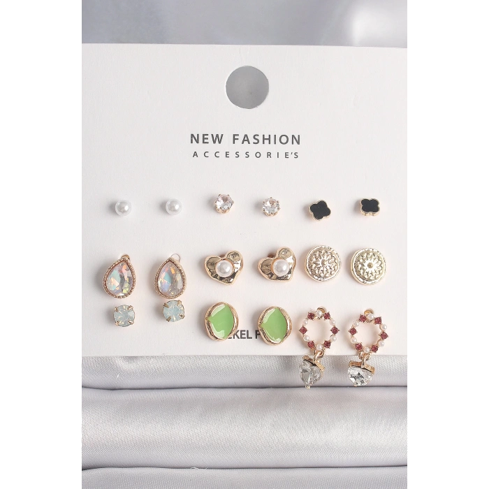 Pirinç Gold Renk Damla Zirkon Taşlı İncili Kalp Detay 9 Çift Kadın Küpe Seti - Lisinya