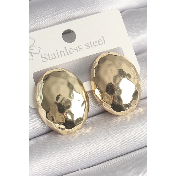 Pirinç Gold Renk İşlemeli Bombe Oval Model Kadın Küpe - Lisinya