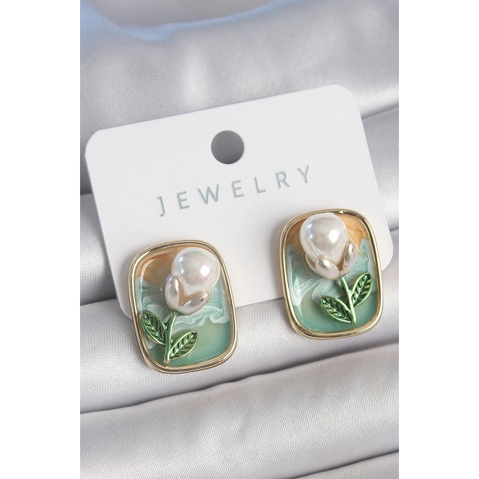 Pirinç Gold Renk Mix Renk Mineli İncili Çiçek Mineli Portre Model Kadın Küpe