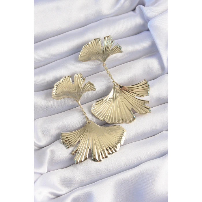 Pirinç Gold Renk Tırtıklı Yaprak Model Sallantılı Küpe - Lisinya