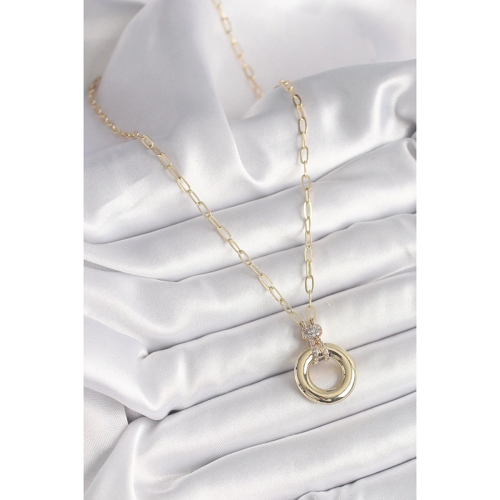 Pirinç Gold Renk Zirkon Taş Detaylı Madalyon Model Kadın Kolye - Lisinya