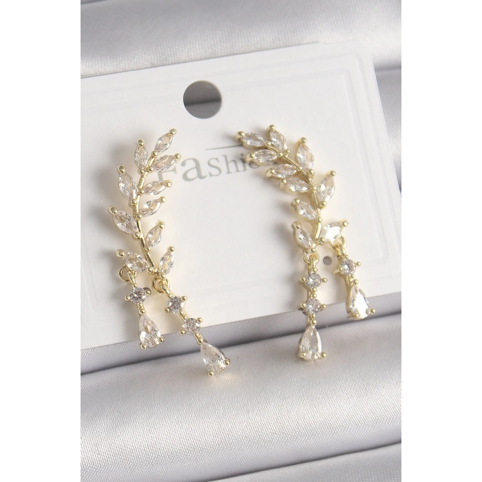 Pirinç Gold Renk Zirkon Taşlı Başak Model Kadın Küpe - Lisinya