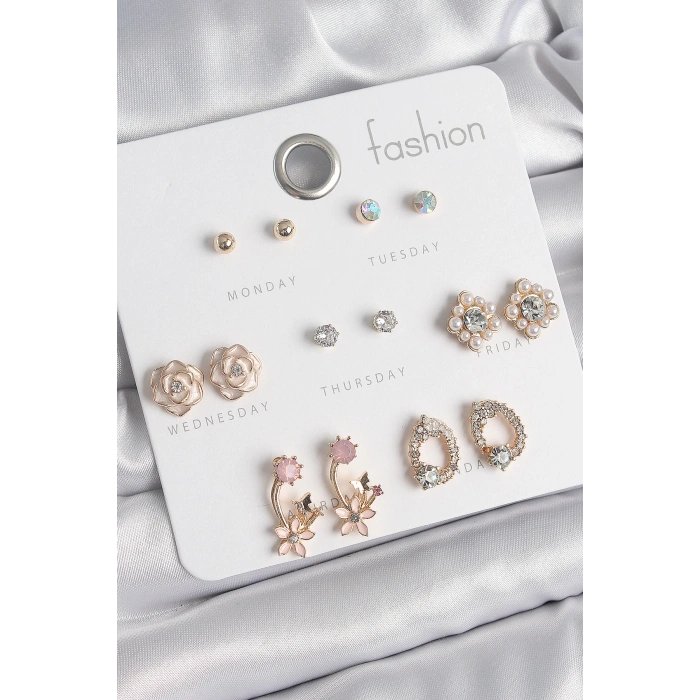 Pirinç Gold Renk Zirkon Taşlı Çiçek Figür 7 Çift Kadın Küpe Seti