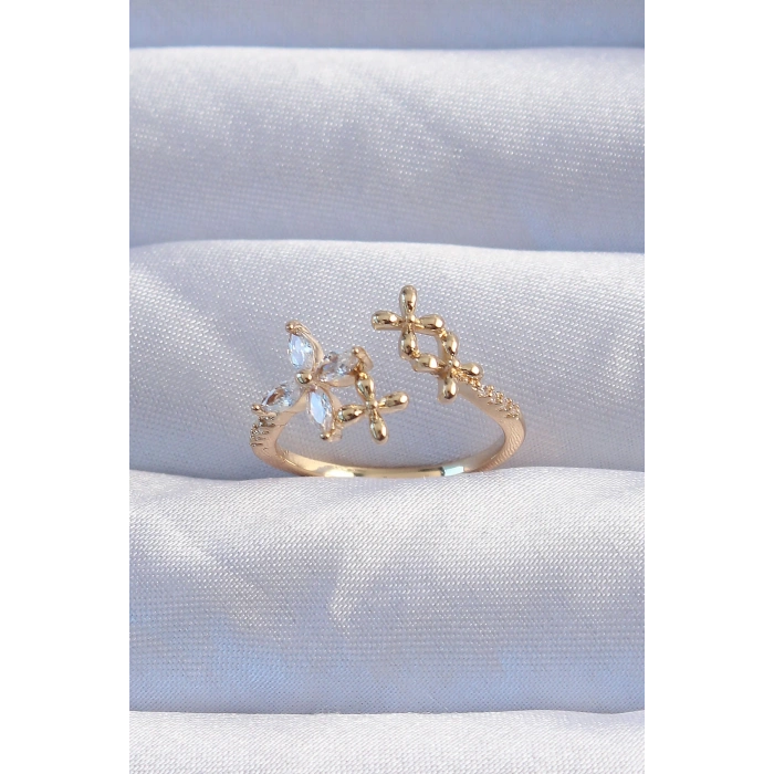 Pirinç Gold Renk Zirkon Taşlı Çiçek Model Ayarlanabilir Yüzük