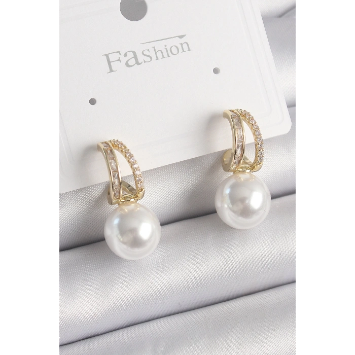 Pirinç Gold Renk Zirkon Taşlı Halka İncili Kadın Küpe