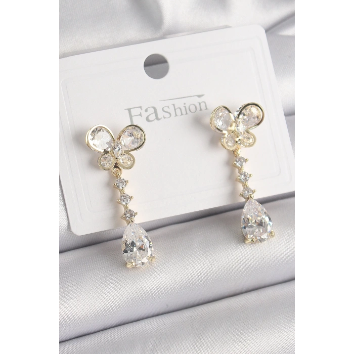 Pirinç Gold Renk Zirkon Taşlı Kelebek Model Sallantı Damla Zirkon Taş Kadın Küpe - Lisinya