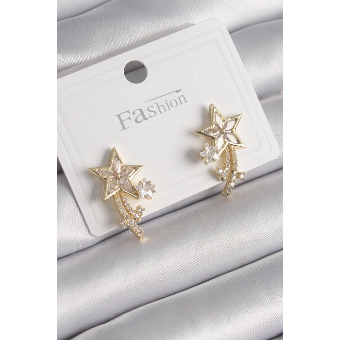 Pirinç Gold Renk Zirkon Taşlı Kuyruklu Yıldız Model Kadın Küpe - Lisinya