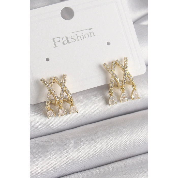 Pirinç Gold Renk Zirkon Taşlı X Model Sallantı Detay Kadın Küpe