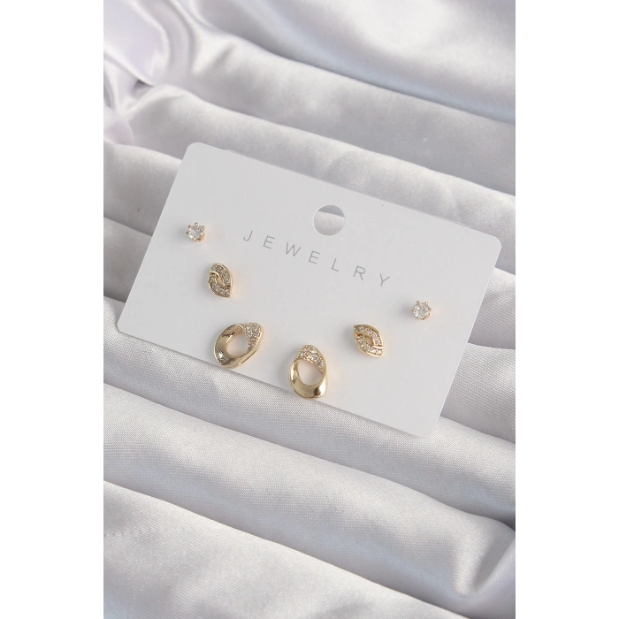 Pirinç Gold Renk Zirkon Taşlı Yaprak Model Küpe Seti - Lisinya