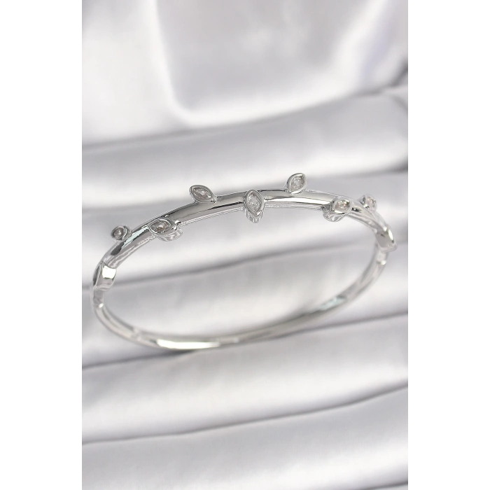 Pirinç Gümüş Renk Damla Zirkon Taşlı Kadın Kelepçe